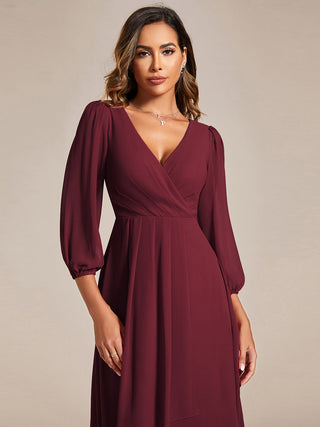 Long Sleeve Asymmetrical Hem Deep V-Neck Non-Stretch Wedding Guest Dresses