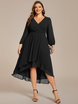 Long Sleeve Asymmetrical Hem Deep V-Neck Non-Stretch Wedding Guest Dresses