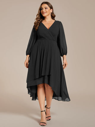Long Sleeve Asymmetrical Hem Deep V-Neck Non-Stretch Wedding Guest Dresses