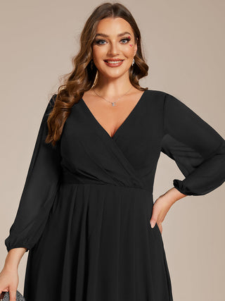 Long Sleeve Asymmetrical Hem Deep V-Neck Non-Stretch Wedding Guest Dresses
