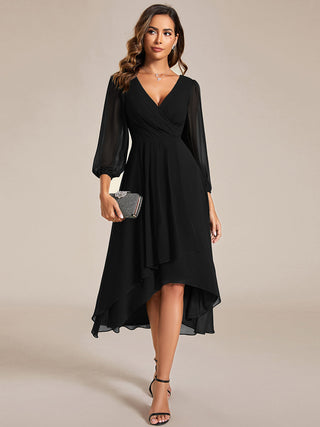 Long Sleeve Asymmetrical Hem Deep V-Neck Non-Stretch Wedding Guest Dresses