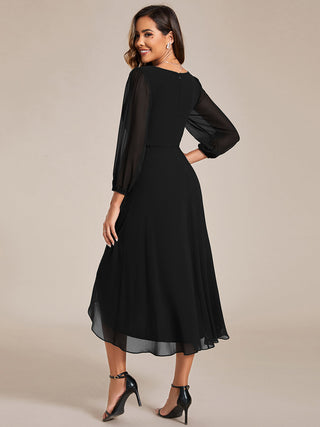 Long Sleeve Asymmetrical Hem Deep V-Neck Non-Stretch Wedding Guest Dresses
