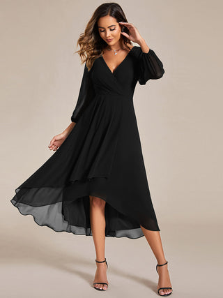 Long Sleeve Asymmetrical Hem Deep V-Neck Non-Stretch Wedding Guest Dresses