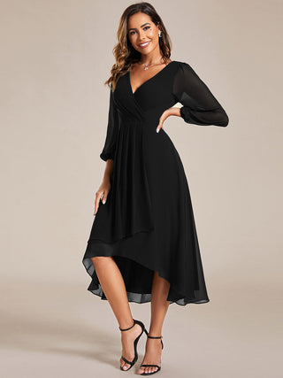 Long Sleeve Asymmetrical Hem Deep V-Neck Non-Stretch Wedding Guest Dresses