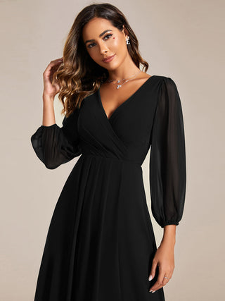Long Sleeve Asymmetrical Hem Deep V-Neck Non-Stretch Wedding Guest Dresses