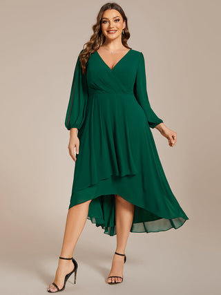 Long Sleeve Asymmetrical Hem Deep V-Neck Non-Stretch Wedding Guest Dresses