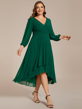 Long Sleeve Asymmetrical Hem Deep V-Neck Non-Stretch Wedding Guest Dresses