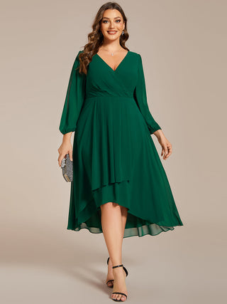 Long Sleeve Asymmetrical Hem Deep V-Neck Non-Stretch Wedding Guest Dresses