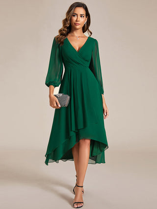 Long Sleeve Asymmetrical Hem Deep V-Neck Non-Stretch Wedding Guest Dresses