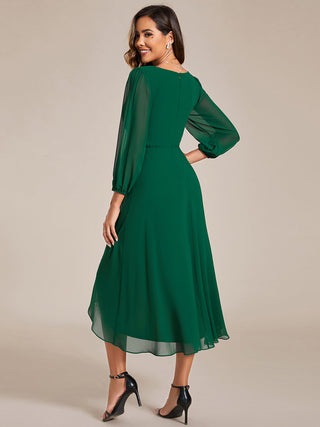 Long Sleeve Asymmetrical Hem Deep V-Neck Non-Stretch Wedding Guest Dresses