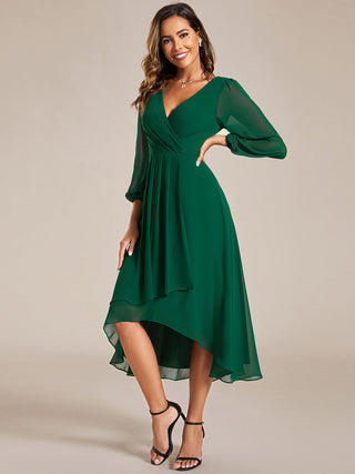 Long Sleeve Asymmetrical Hem Deep V-Neck Non-Stretch Wedding Guest Dresses