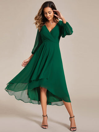 Long Sleeve Asymmetrical Hem Deep V-Neck Non-Stretch Wedding Guest Dresses