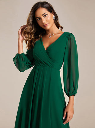 Long Sleeve Asymmetrical Hem Deep V-Neck Non-Stretch Wedding Guest Dresses