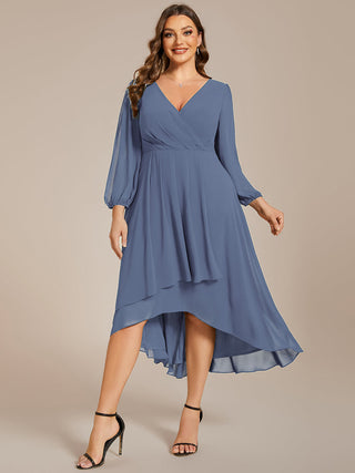 Long Sleeve Asymmetrical Hem Deep V-Neck Non-Stretch Wedding Guest Dresses