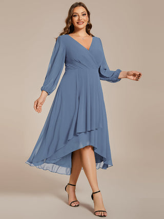 Long Sleeve Asymmetrical Hem Deep V-Neck Non-Stretch Wedding Guest Dresses