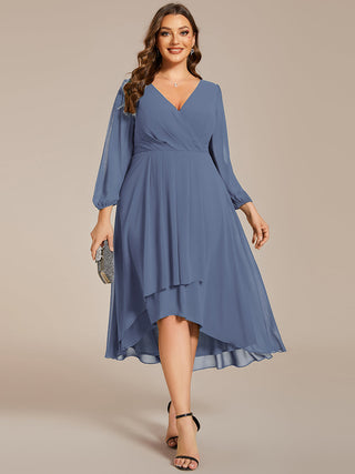 Long Sleeve Asymmetrical Hem Deep V-Neck Non-Stretch Wedding Guest Dresses