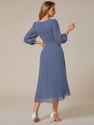 Long Sleeve Asymmetrical Hem Deep V-Neck Non-Stretch Wedding Guest Dresses