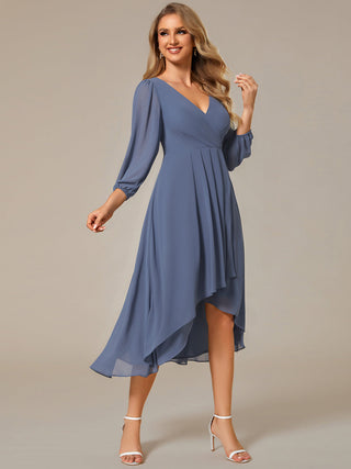 Long Sleeve Asymmetrical Hem Deep V-Neck Non-Stretch Wedding Guest Dresses