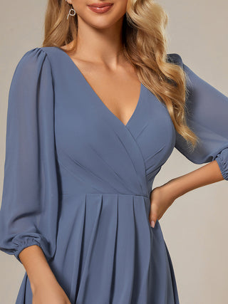 Long Sleeve Asymmetrical Hem Deep V-Neck Non-Stretch Wedding Guest Dresses