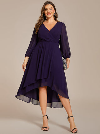 Long Sleeve Asymmetrical Hem Deep V-Neck Non-Stretch Wedding Guest Dresses