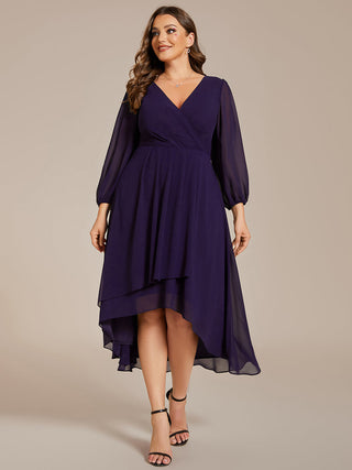 Long Sleeve Asymmetrical Hem Deep V-Neck Non-Stretch Wedding Guest Dresses