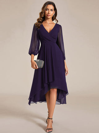 Long Sleeve Asymmetrical Hem Deep V-Neck Non-Stretch Wedding Guest Dresses