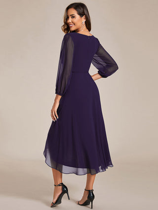 Long Sleeve Asymmetrical Hem Deep V-Neck Non-Stretch Wedding Guest Dresses