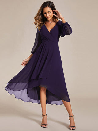 Long Sleeve Asymmetrical Hem Deep V-Neck Non-Stretch Wedding Guest Dresses