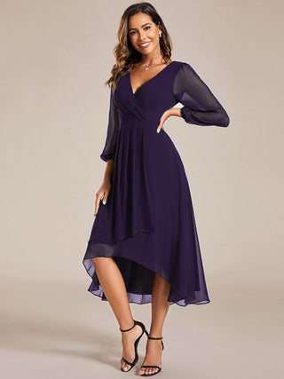 Long Sleeve Asymmetrical Hem Deep V-Neck Non-Stretch Wedding Guest Dresses