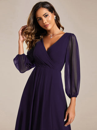 Long Sleeve Asymmetrical Hem Deep V-Neck Non-Stretch Wedding Guest Dresses