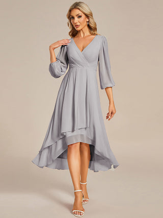 Long Sleeve Asymmetrical Hem Deep V-Neck Non-Stretch Wedding Guest Dresses