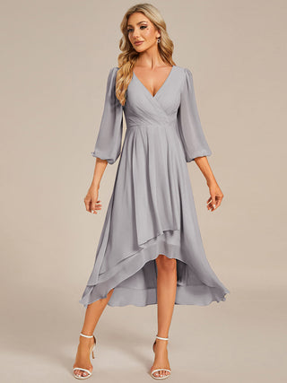 Long Sleeve Asymmetrical Hem Deep V-Neck Non-Stretch Wedding Guest Dresses
