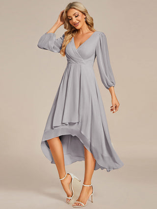 Long Sleeve Asymmetrical Hem Deep V-Neck Non-Stretch Wedding Guest Dresses