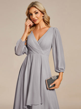 Long Sleeve Asymmetrical Hem Deep V-Neck Non-Stretch Wedding Guest Dresses