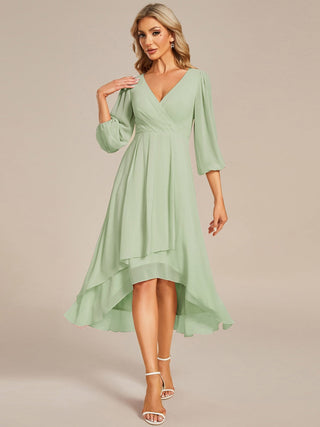 Long Sleeve Asymmetrical Hem Deep V-Neck Non-Stretch Wedding Guest Dresses