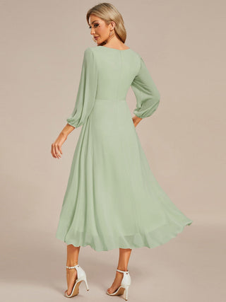 Long Sleeve Asymmetrical Hem Deep V-Neck Non-Stretch Wedding Guest Dresses
