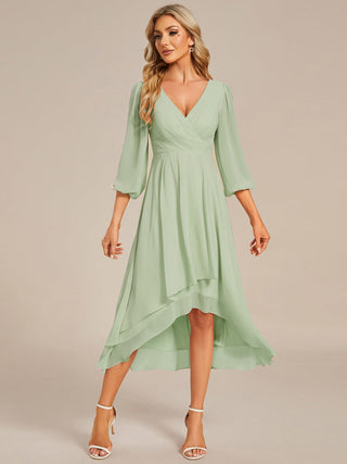 Long Sleeve Asymmetrical Hem Deep V-Neck Non-Stretch Wedding Guest Dresses