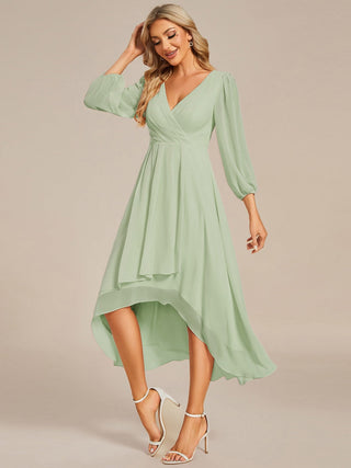 Long Sleeve Asymmetrical Hem Deep V-Neck Non-Stretch Wedding Guest Dresses