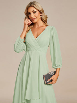 Long Sleeve Asymmetrical Hem Deep V-Neck Non-Stretch Wedding Guest Dresses