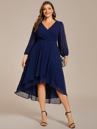 Long Sleeve Asymmetrical Hem Deep V-Neck Non-Stretch Wedding Guest Dresses