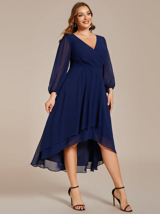Long Sleeve Asymmetrical Hem Deep V-Neck Non-Stretch Wedding Guest Dresses