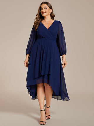 Long Sleeve Asymmetrical Hem Deep V-Neck Non-Stretch Wedding Guest Dresses