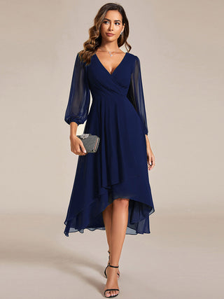 Long Sleeve Asymmetrical Hem Deep V-Neck Non-Stretch Wedding Guest Dresses