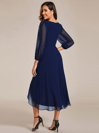 Long Sleeve Asymmetrical Hem Deep V-Neck Non-Stretch Wedding Guest Dresses