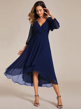Long Sleeve Asymmetrical Hem Deep V-Neck Non-Stretch Wedding Guest Dresses