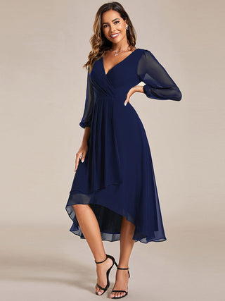Long Sleeve Asymmetrical Hem Deep V-Neck Non-Stretch Wedding Guest Dresses