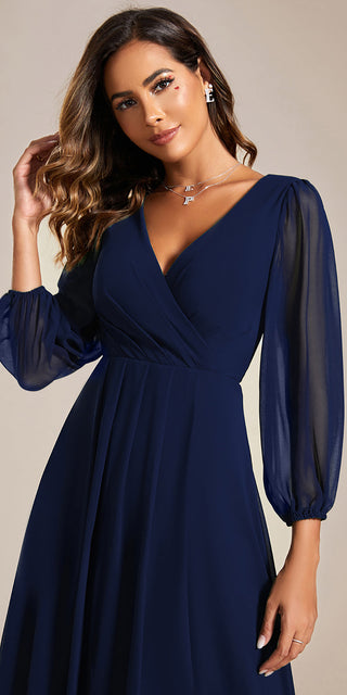 Long Sleeve Asymmetrical Hem Deep V-Neck Non-Stretch Wedding Guest Dresses