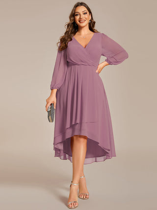 Long Sleeve Asymmetrical Hem Deep V-Neck Non-Stretch Wedding Guest Dresses