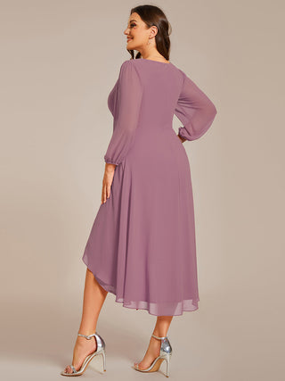 Long Sleeve Asymmetrical Hem Deep V-Neck Non-Stretch Wedding Guest Dresses