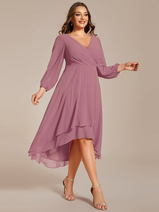 Long Sleeve Asymmetrical Hem Deep V-Neck Non-Stretch Wedding Guest Dresses